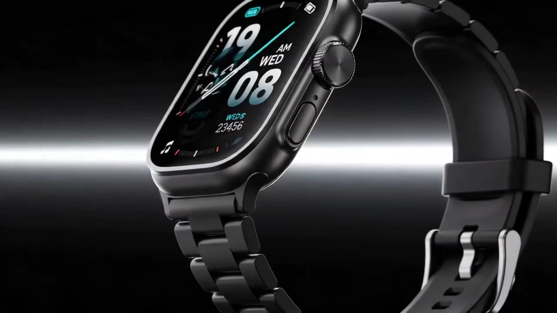 Close view of a black smart watch platform from the FUNOST product film