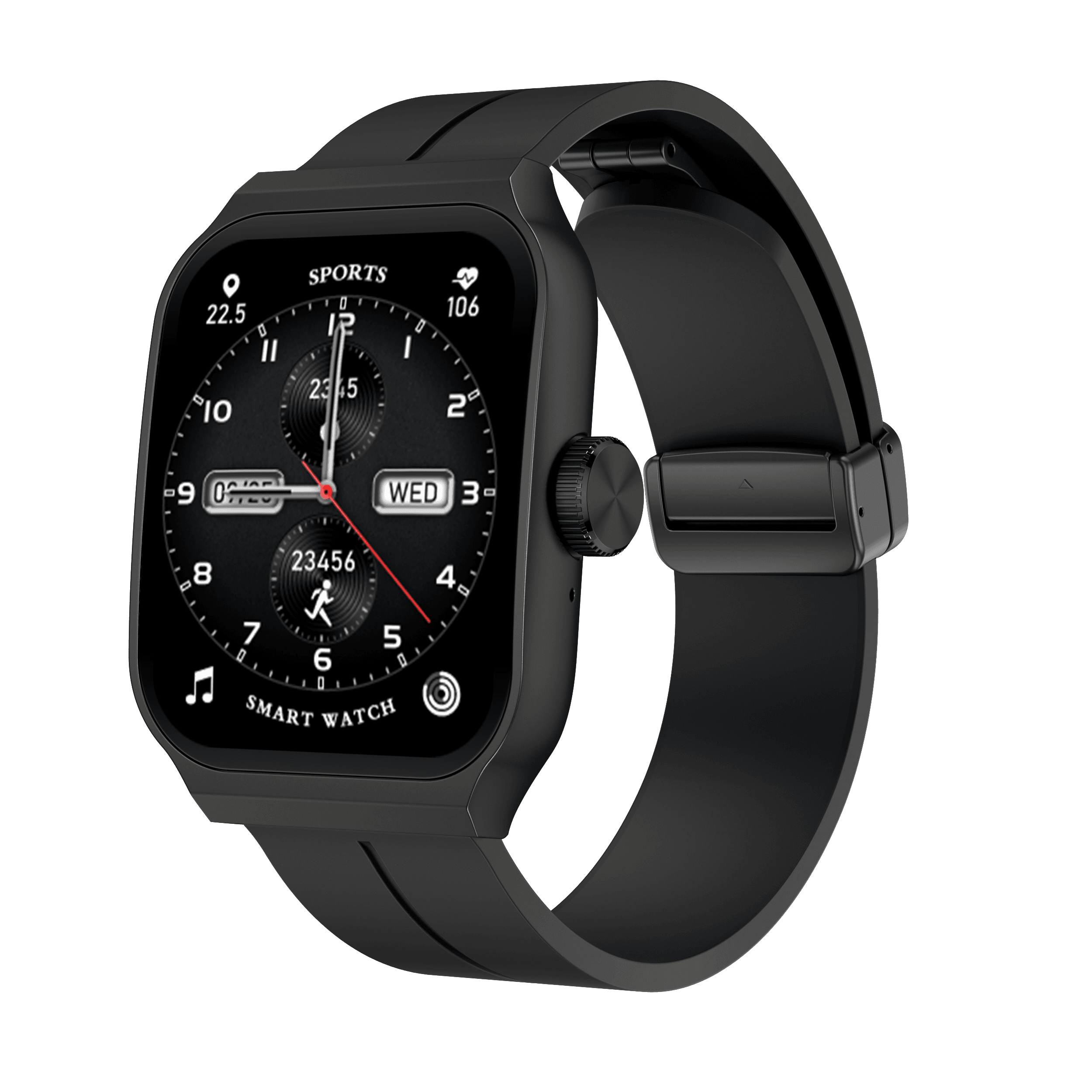 OV90 black smartwatch shown at an angle